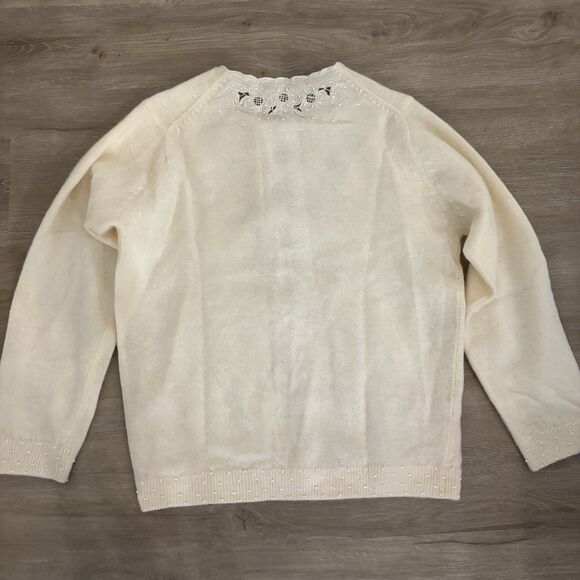 VTG 50s Cream Hand Beaded Grannycore Sweater Sm Lined Cottagecore Pin Up Glam - Picture 11 of 15